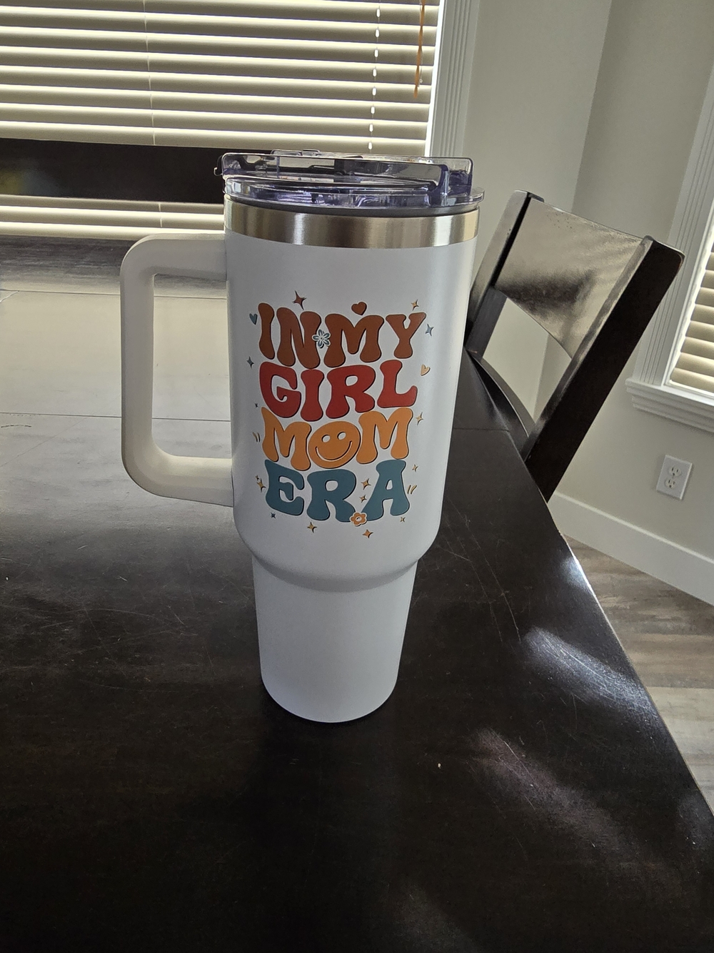 White Travel Tumbler with Colorful "In My Girl Mom Era" Graphic